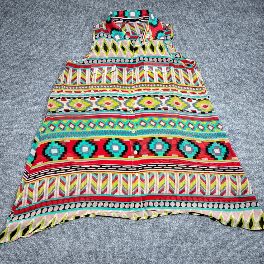 BCBGMAXAZRIA Women's XS Chiffon Sleeveless Aztec  Print Button Down Tunic‎